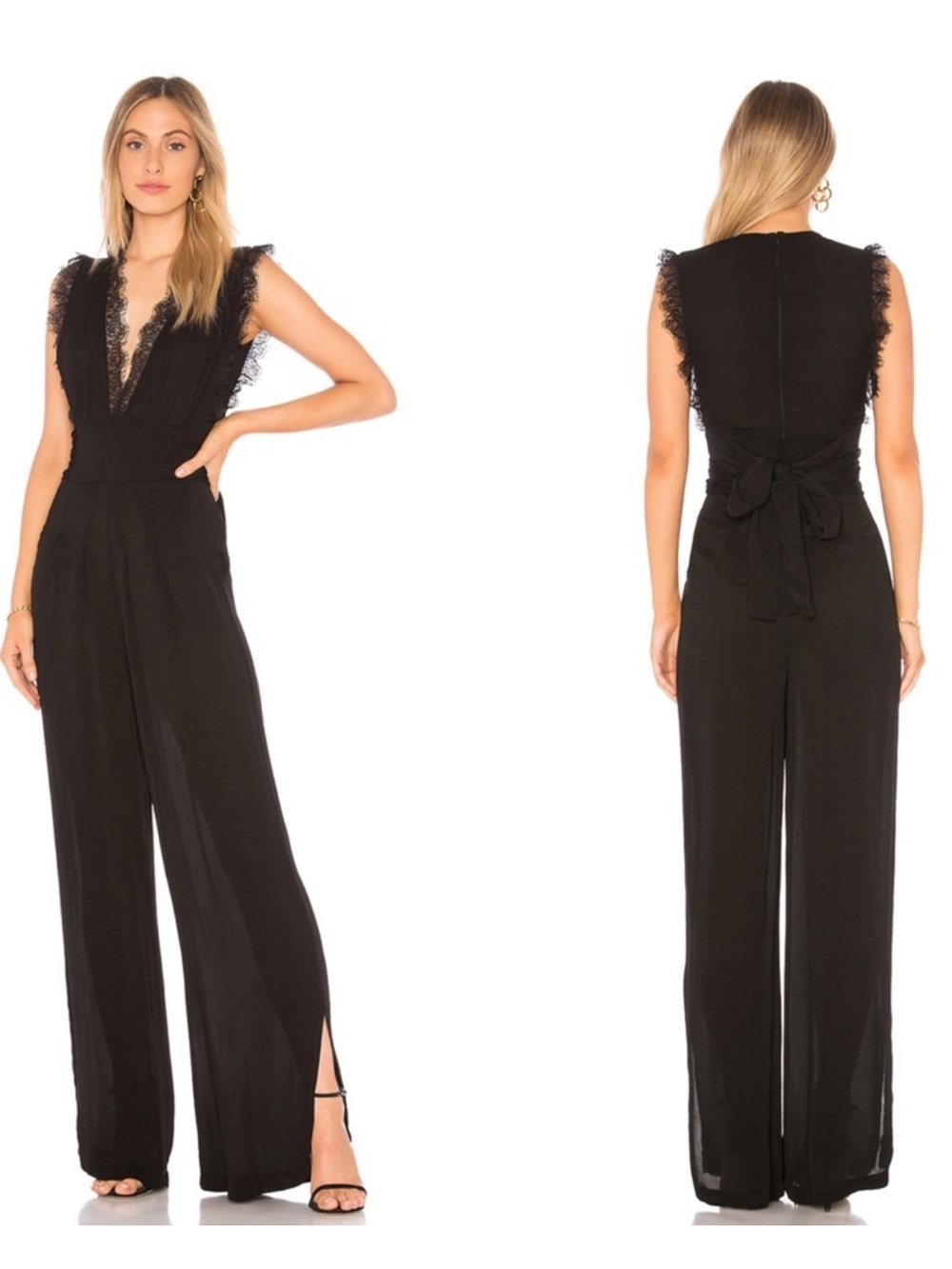 Free People Cem Jumpsuit Black Lace Deep V Size 12 Split Hem